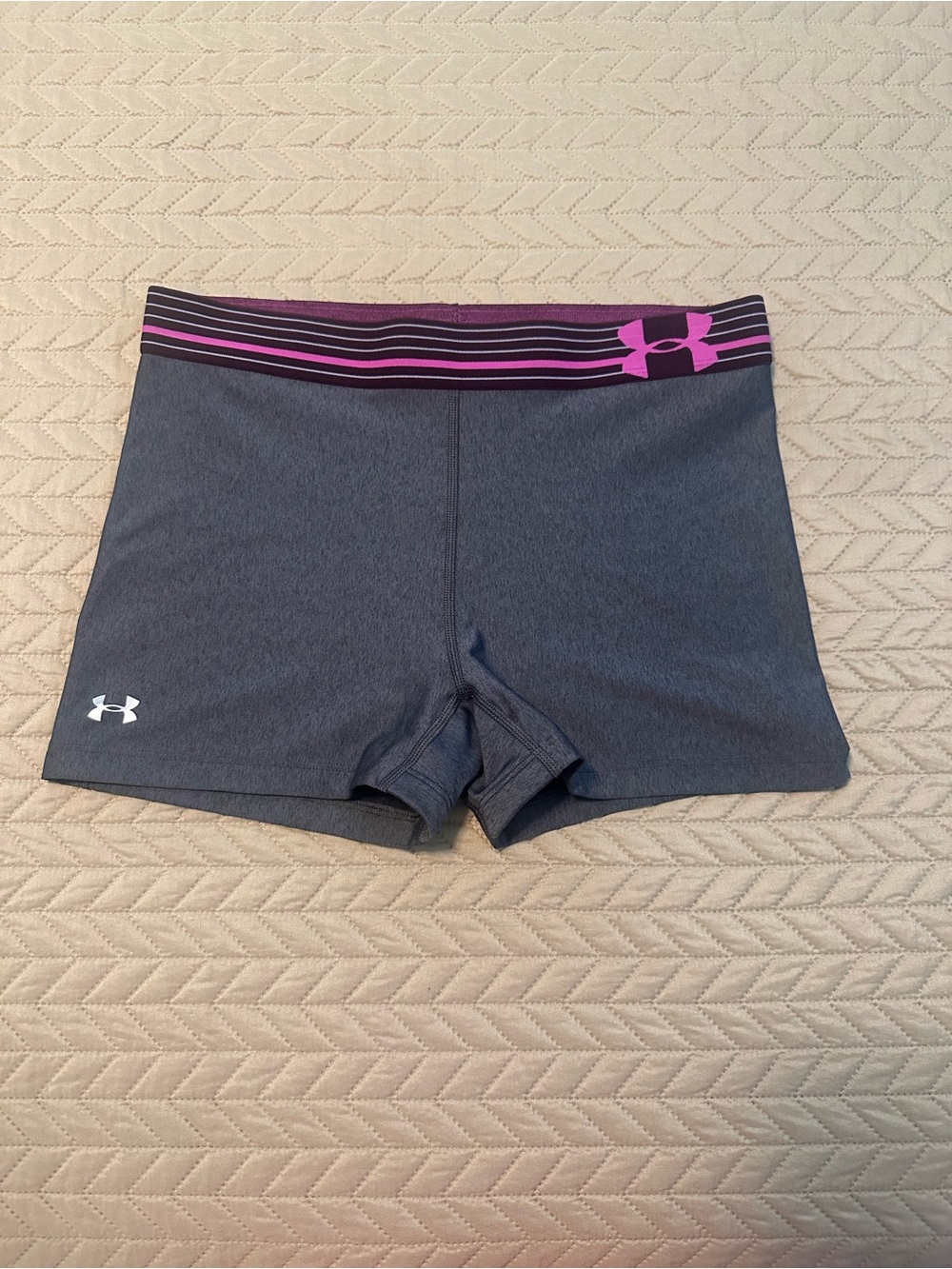 Under Armour Gray Athletic Compression Shorts with Pink Waistband